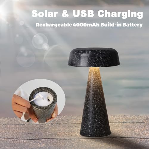 WEILAILUX Solar Cordless Mushroom Lamp Rechargeable. Portable Battery Table Lamp Waterproof. Touch Dimmable Night Light for Home/Patio/Dinning/Outdoor (Terrazzo Grey - Solar)