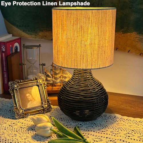 JCPYIUL Rattan Table Lamp. Small Wicker Table Lamp with Linen Lamp Shade. Vintage Rattan Bedside Lamp Desk Lamp for Bedroom Living Room Desk Room(Black)