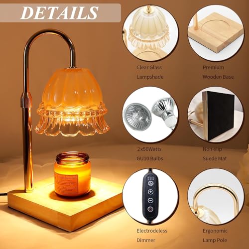 WARMCITY Glass Flower Lampshape Candle Warmer Lamp with Adjustable Height. Wax Burner Lamp with Timer and Dimmer. Wooden Base Candle Warmer. Women's Gifts (Amber)