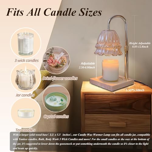 WARMCITY Glass Flower Lampshape Candle Warmer Lamp with Adjustable Height. Wax Burner Lamp with Timer and Dimmer. Wooden Base Candle Warmer. Women's Gifts (Amber)