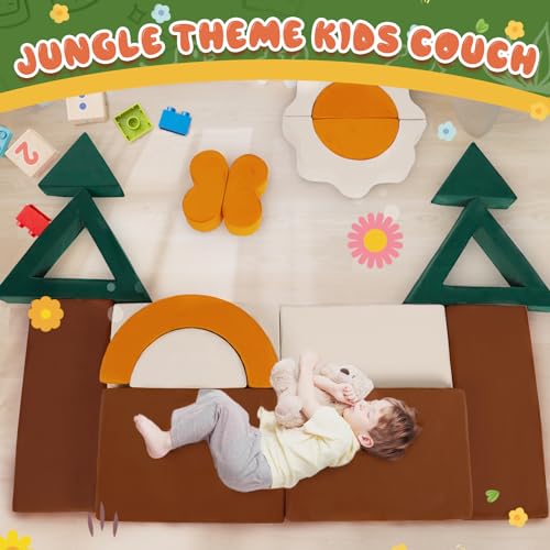 Erament 18PCS Modular Kids Play Couch - Junlge Theme Toddler Couch Building Fort. Convertible Sofa Multifunctional Kids Sofa. Toddler Baby Playroom/Bedroom Furniture for Playing. Sleeping