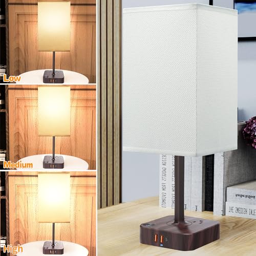 COZOO USB Bedside Table Desk Lamp with 3 USB Charging Ports and 2 AC Outlets. Dimmable Nightstand Lamp with Charger Base. White Fabric Shade. LED Light for Bedroom/Nightstand/Living Room
