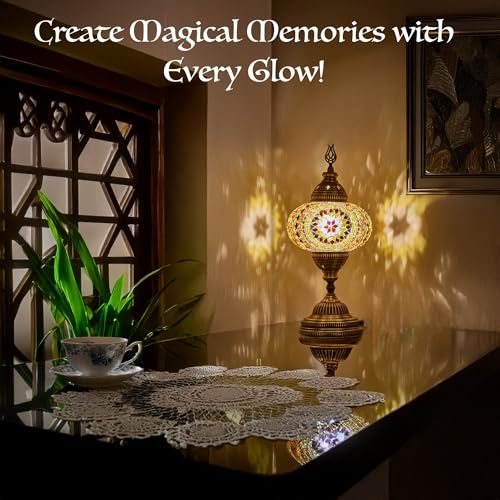 DEMMEX Battery Operated Mosaic Table Lamp with Big Size Globe and Built-in LED Bulb. Turkish Moroccan Colorful Mosaics Exotic Table Desk Bedside Night Lamp Light Lampshade. Handmade (Lilac Purple)