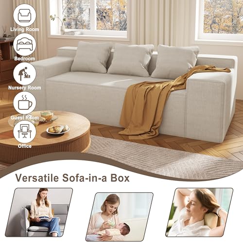 Modern 3-Seater Sofa. Hybrid Sofa in a Box. No Assembly Required. Comfy Sofa Couch with 3 Matching Pillows. Cat-Scratch Resistant Linen. Couch for Living Room or Bedroom. Beige