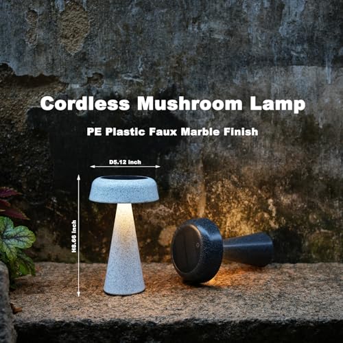 WEILAILUX Solar Cordless Mushroom Lamp Rechargeable. Portable Battery Table Lamp Waterproof. Touch Dimmable Night Light for Home/Patio/Dinning/Outdoor (Terrazzo Grey - Solar)