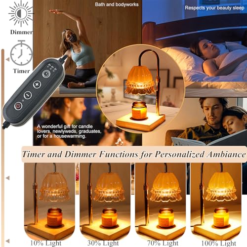 WARMCITY Glass Flower Lampshape Candle Warmer Lamp with Adjustable Height. Wax Burner Lamp with Timer and Dimmer. Wooden Base Candle Warmer. Women's Gifts (Amber)