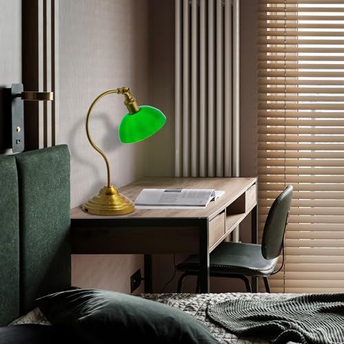O'Bright Bankers - Cordless LED Table Lamp. Battery-Operated. Rechargeable. 3-Level Dimming. Universal USB-C Charging. 180° Swivel Head. Classic Green Glass Shade. Antique Brass