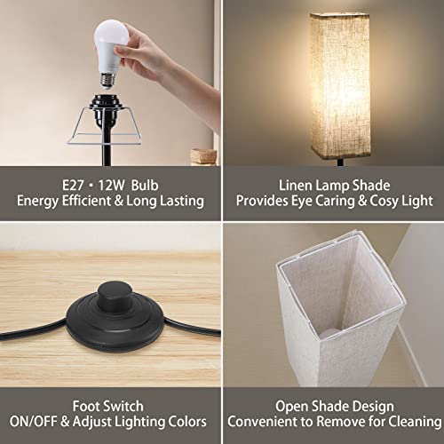 CRLL Floor Lamp for Living Room. Bedroom. Office. Modern Floor Lamps with Remote Control & Foot Switch. 2700 K - 6500 K Continuously Dimmable Reading Lamp with Linen Shade. Floor Lamp with Night Light