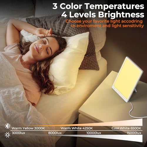 Fitfirst Light Therapy Lamp. 15000 Lux Simulated Sunlight. UV-Free LED Lamp with 3 Color Temperature & 4 Brightness Settings. Adjustable Timer. Foldable Stand for Home Office Travel