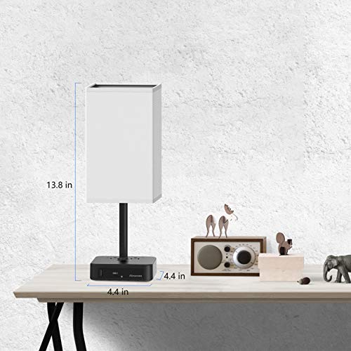 Alimentata Touch Control Bedside Table Lamp with USB C & USB A Charging Port and 2 AC Outlet. Minimalist LED Desk Night Light with Charger Base White Fabric Shade for Bed Room/Nightstand/Office