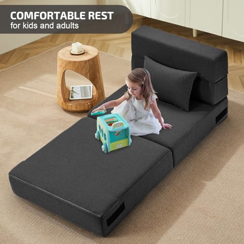 SUYOLS Folding Sofa Bed with Pillow- Convertible Chair Floor Couch & Sleeping Mattress. Foldable Memory Foam Sleeper for Living Room/Dorm/Guest Room/Home Office/Apartment/Loft. Single26. Dark Gray