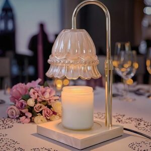 WARMCITY Glass Flower Lampshape Candle Warmer Lamp with Adjustable Height. Wax Burner Lamp with Timer and Dimmer. Wooden Base Candle Warmer. Women's Gifts (Amber)