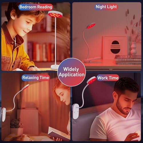Haigvel 2 Color Red Book Light. 630nm Clip-On Red Night Light for Sleep & Reading. Rechargeable Desk Lamp with Adjustable Brightness. 2H/3H Auto Off. Eye Care Table Lamp for Kids and Adults