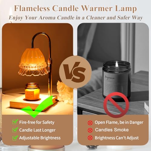 WARMCITY Glass Flower Lampshape Candle Warmer Lamp with Adjustable Height. Wax Burner Lamp with Timer and Dimmer. Wooden Base Candle Warmer. Women's Gifts (Amber)