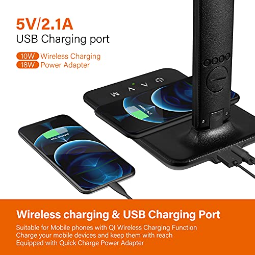 poukaran LED Desk Lamp with Wireless Charger. USB Charging Port. Table Lamp with Clock. Alarm. Date. Temperature. Desk Lamps for Home Office.Black