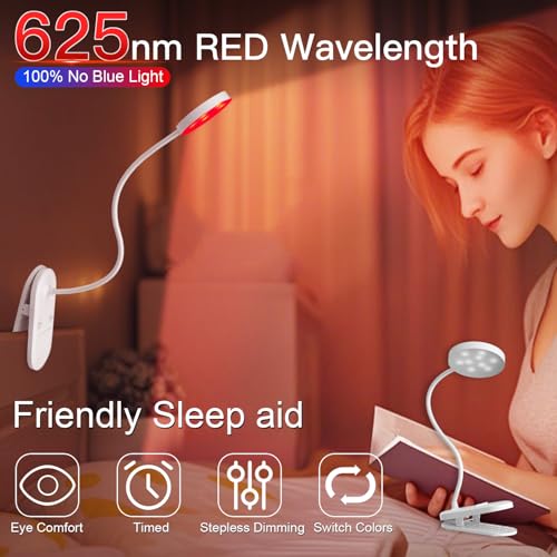 Haigvel 2 Color Red Book Light. 630nm Clip-On Red Night Light for Sleep & Reading. Rechargeable Desk Lamp with Adjustable Brightness. 2H/3H Auto Off. Eye Care Table Lamp for Kids and Adults