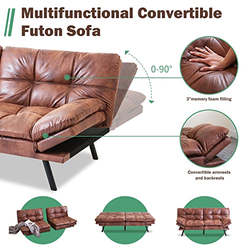 Hcore Convertible Futon Sofa Bed Brwon PU Memory Foam Loveseat.Small Euro Lounger Sofa for Compact Living Spaces.Apartment.Dorm.Studio.Guest Room.Home Office