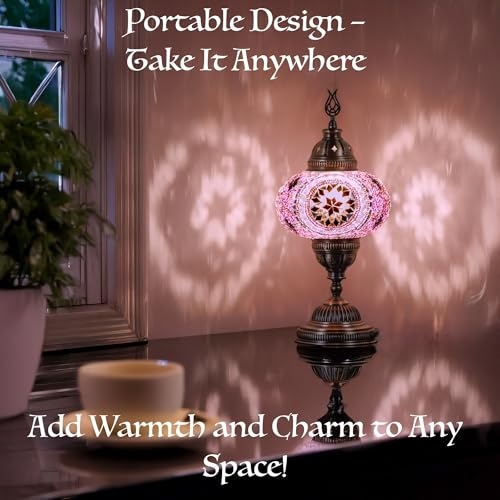DEMMEX Battery Operated Mosaic Table Lamp with Big Size Globe and Built-in LED Bulb. Turkish Moroccan Colorful Mosaics Exotic Table Desk Bedside Night Lamp Light Lampshade. Handmade (Lilac Purple)
