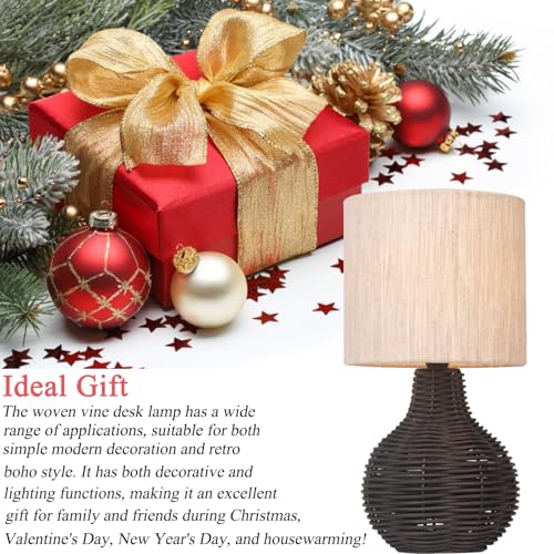 JCPYIUL Rattan Table Lamp. Small Wicker Table Lamp with Linen Lamp Shade. Vintage Rattan Bedside Lamp Desk Lamp for Bedroom Living Room Desk Room(Black)