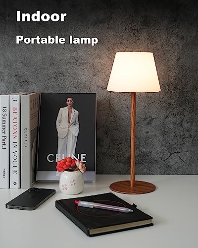ILOVINIT Cordless Table Lamp Rechargeable. Outdoor Battery Operated Table Lamp Waterproof. Portable Touch Dimmable Night Light. Height Adjustable. for Home/Bedroom/Patio/Restaurant (Wood)